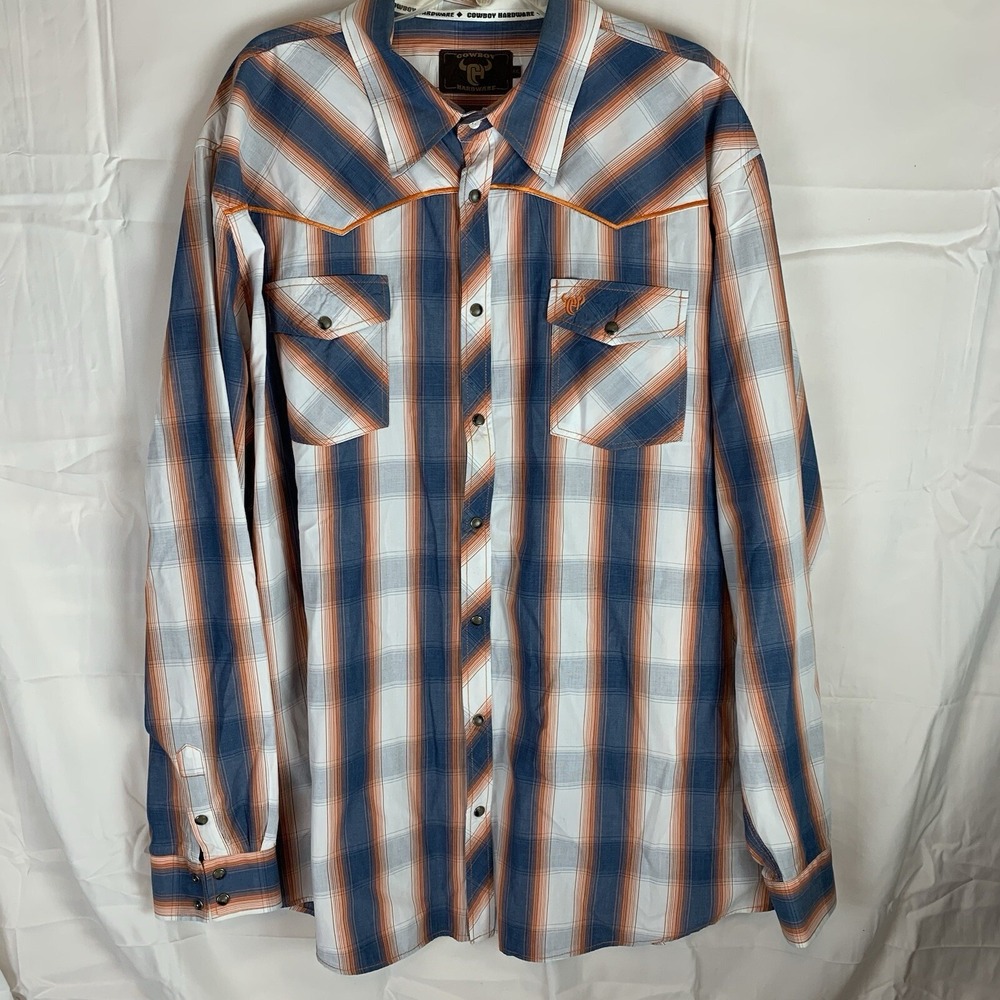 Cowboy Hardware Long Sleeve Button Front Pearl Snap Shirt Orange Blue Plaid XXL